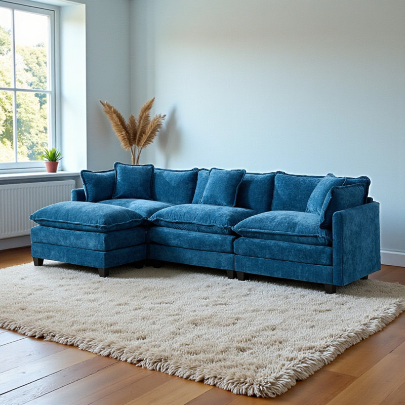 Geneveve 113.8"W Chenille Upholstered Sofa With Ottoman, 5 Compressed Pillows & Compressed Foam Cushions, Blue Chenille