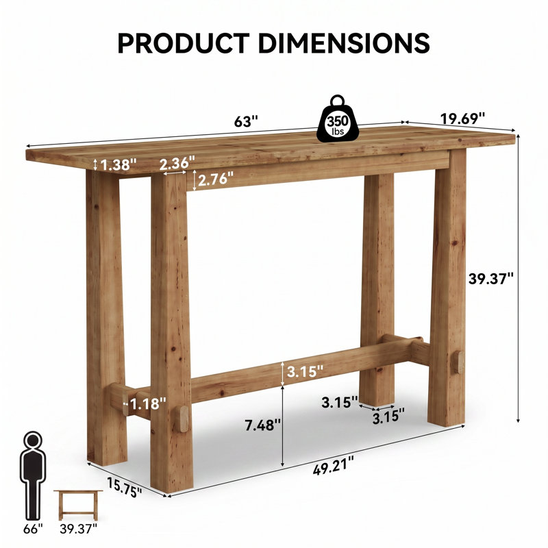 Table de bar 63 po en bois massif Farmhouse avec pieds robustes, table de pub pour bar à domicile, cuisine et salle à manger (sans tabouret)