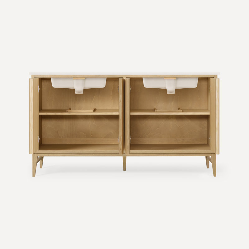 Sinca 60" Vanity With Quartz Stone Vanity Top, White, White Oak, Three-Hole