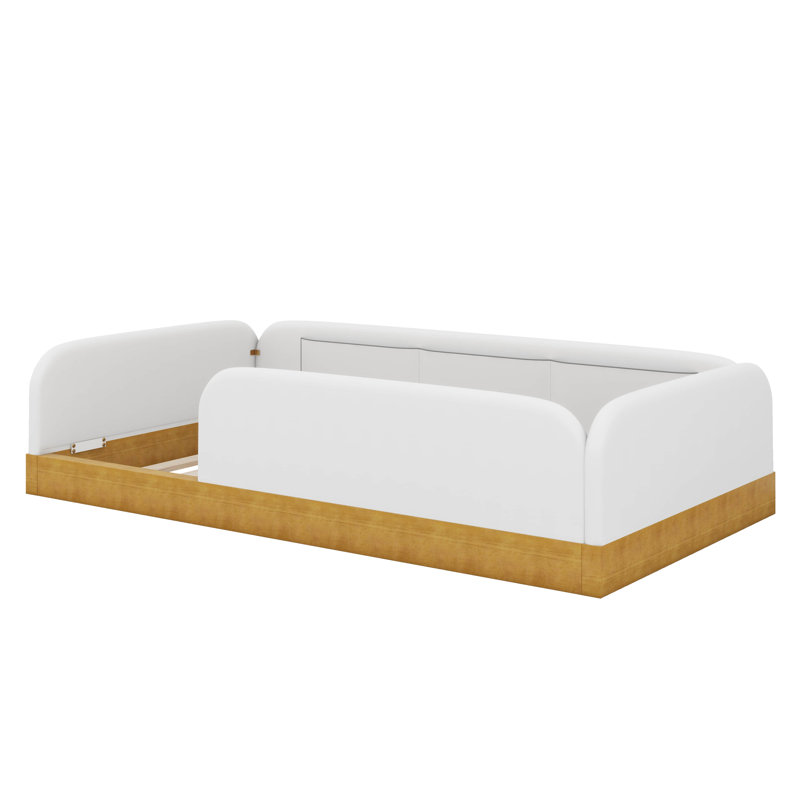 Lit simple au sol, lit plateforme tapissier en velours avec sacs de rangement latéraux et garde-corps pleine longueur, aucun sommier nécessaire