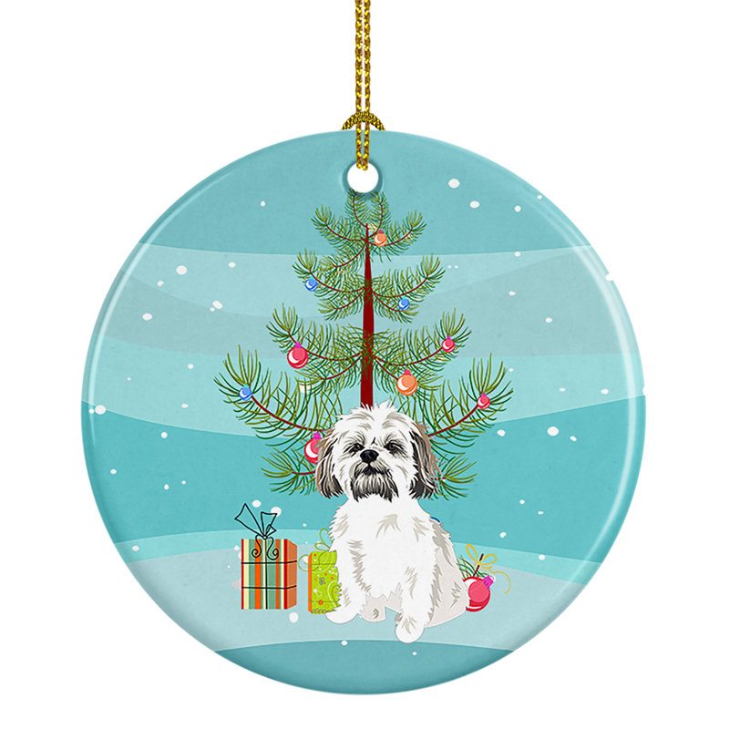 Ornement de Noël en céramique Shih-Tzu, Shih-Tzu argent doré et blanc # 1