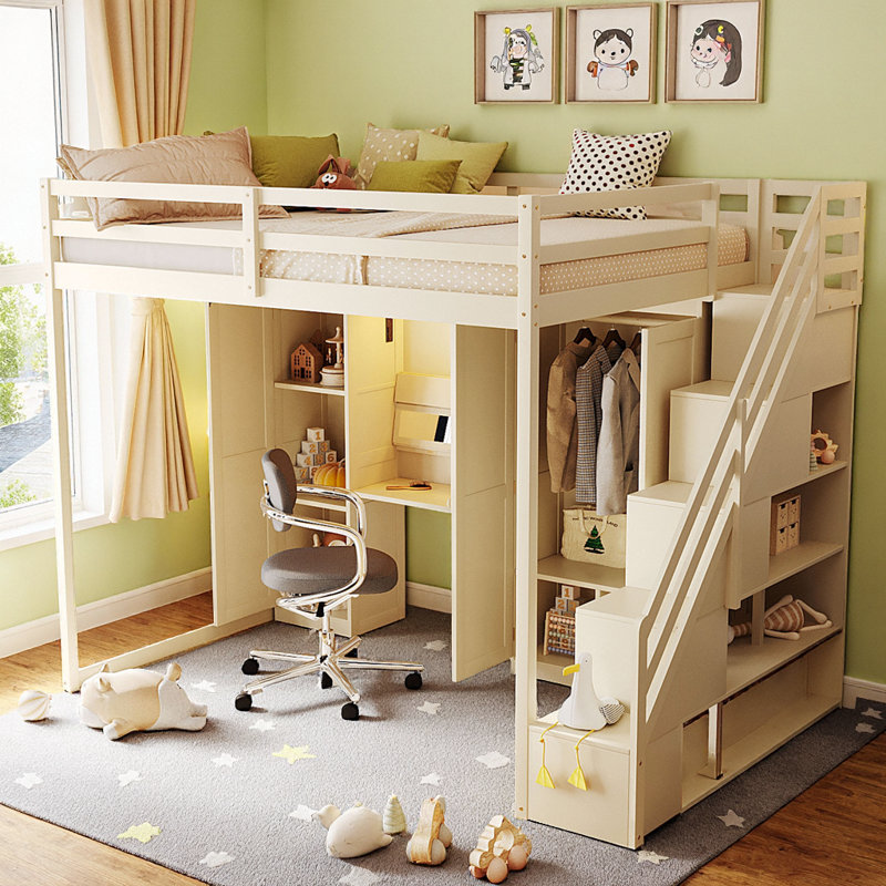 Smart Full Size Loft Bed with Storage Stairs, Built-In Study Desk, Wardrobe & Mood Lighting - Ultimate Space Saver!, Beige