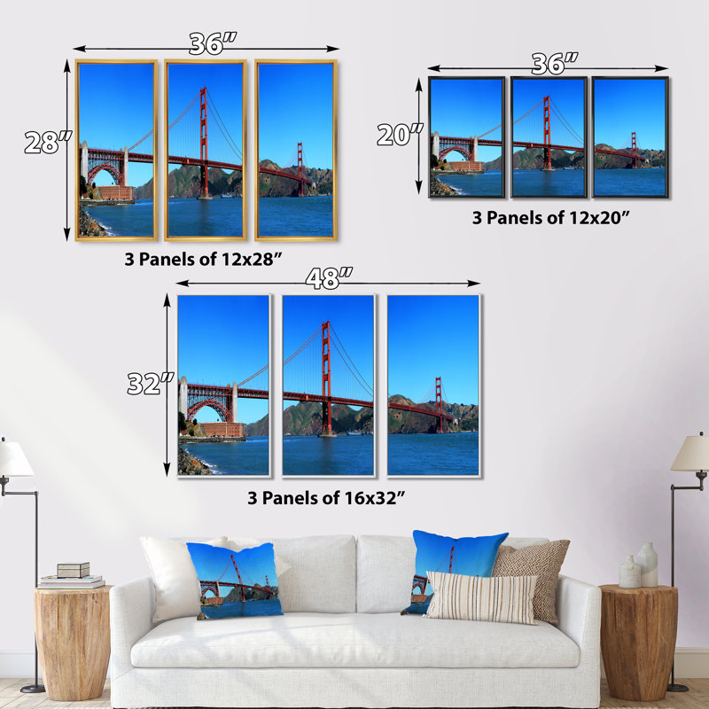«Golden Gate Bridge Under Blue Sky - Cityscape», ensemble d'art mural sur toile encadré, H 32 po x l 48 po x P 1 po