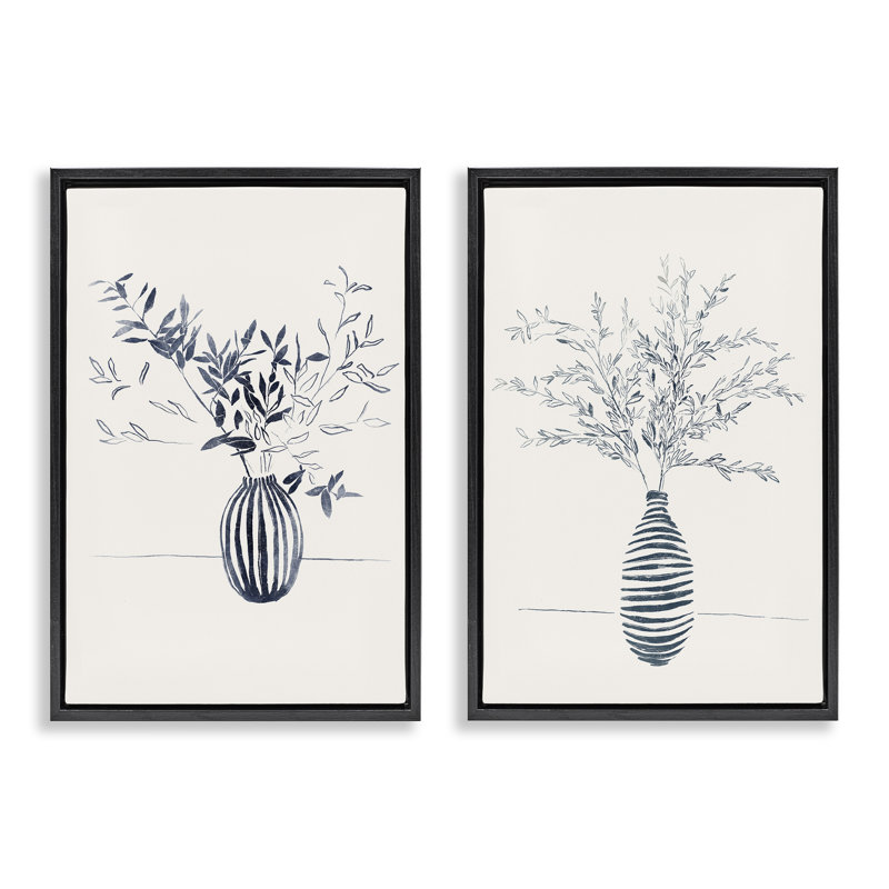 Ensemble de 2 vases de table rayés à motif floral rayé noir par Yuyu Pont, Cadre flottant noir de jais, H 25 po x l 17 po