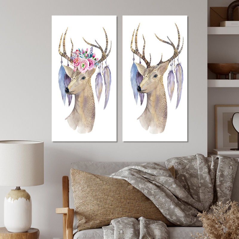 Caricature de cerf - ensemble de 2 impressions sur toile, H 20 po x l 24 po x P 1 po, Toile tendue