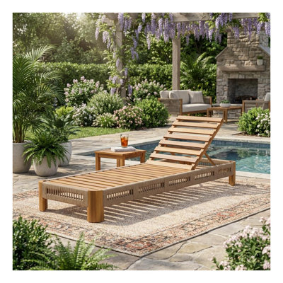 Premium Acacia Wood Outdoor Chaise Lounge with Adjustable Backrest, Handwoven Rope Patio Recliner for Poolside & Garden