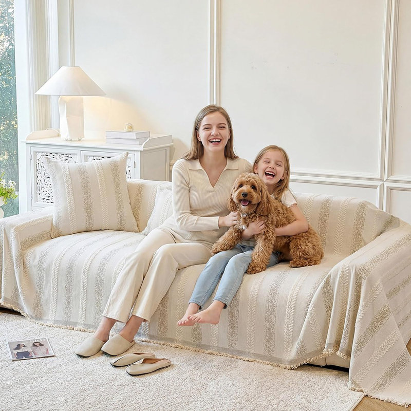 Housse de canapé pour chiens - Housse de canapé antidérapante lavable pour canapé à 2 coussins, housse de canapé modulaire, protecteur de mobilier à rayures, beige