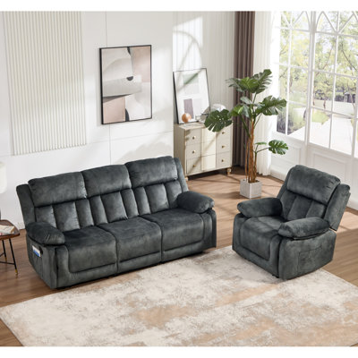 2-Piece Modern Soft Microfiber Manual Recline Living Room Set With Recliner & Sofa