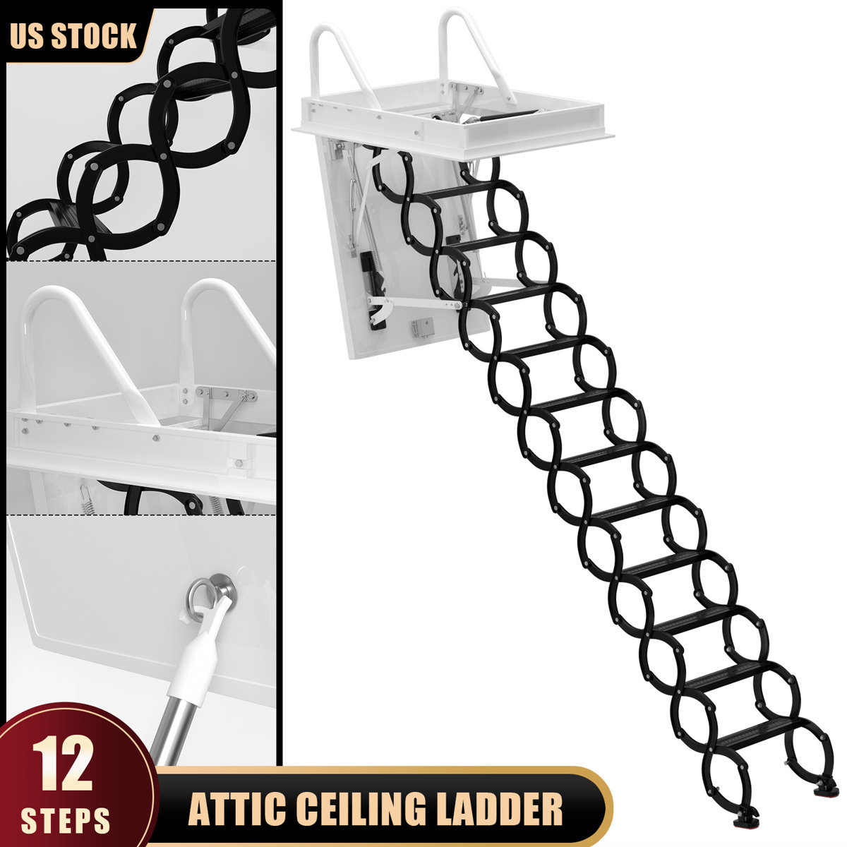 WFX Utility Folding Aluminum Attic Ladder with Hatch, Telescopic Design ...