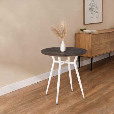 Table de salle à manger ronde en bambou espresso avec base en métal blanc rétro, style industriel, peut accueillir quatre petits espaces