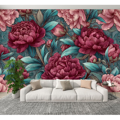 Papier peint adhésif auto-adhésif en PVC filigrane de pivoine rose sarcelle H 100 po x l 144 po amovible et adhésif pour chambre à coucher, bureau à domicile