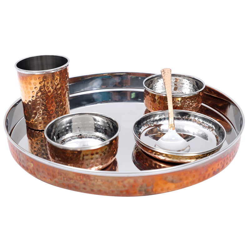 Ensemble de table de repas en acier inoxydable plaqué cuivre - Thali indien traditionnel de 12 po avec verre, bols et cuillère pour les repas en famille et les réceptions