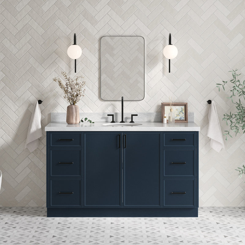 ARIEL Kellie 49 Single Sink Bathroom Vanity with Italian Carrara Marble Top, Midnight Blue, 61"