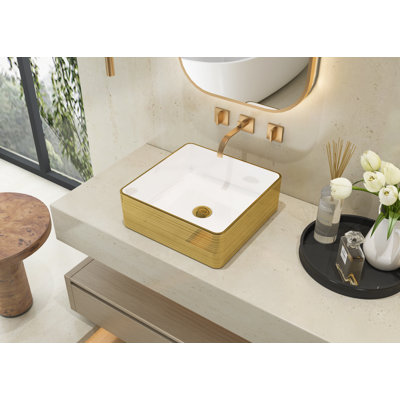 MEJE 14" Square Bathroom Vessel Sink, Luxury Gold Stripes Countertop Art Basin, Ceramic Wash Basin For Lavatory Vanity Cabinet