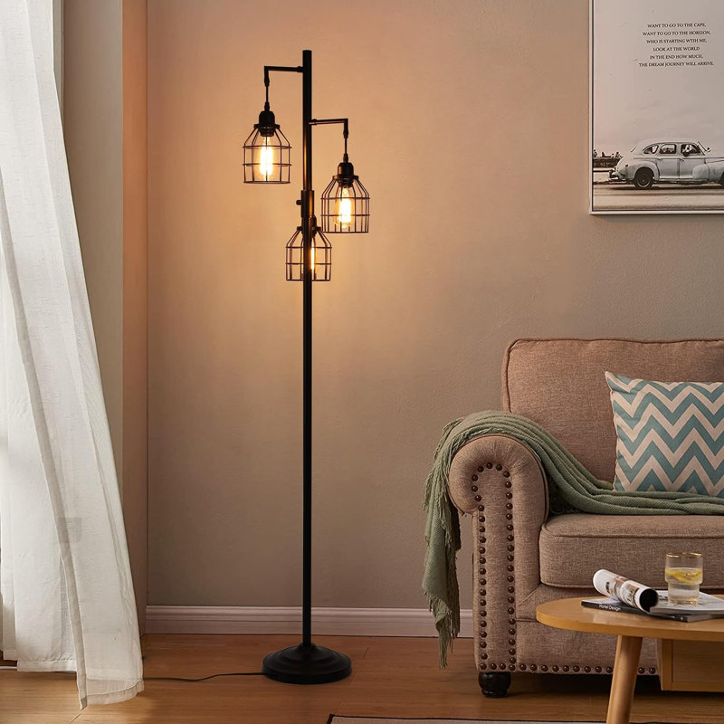 Industrial Farmhouse Floor Lamp - Dimmable 3 Teardrop Cage Shades With LED Bulbs Included, Black
