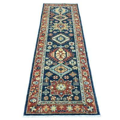 Tapis de couloir 2 pi 7 po x 8 pi bleu Yale, de qualité Aryana, avec motif Karajé Peshawar, teinture végétale, laine de haute montagne, tapis oriental noué à la main