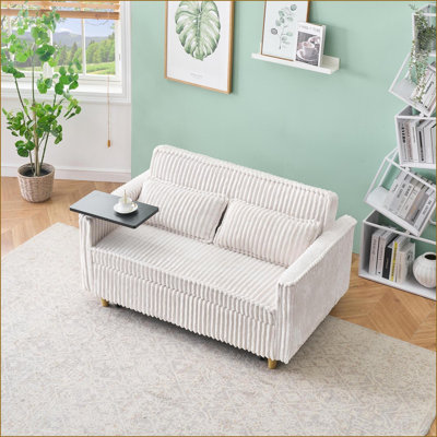 Sofas for Living Room Bedroom | 2-Seat Convertible Sofa Bed with Movable Tabletop, USB Ports | Pink | Corduroy