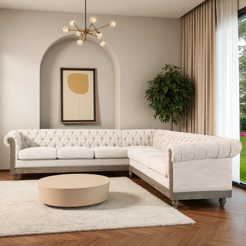 L-Shape 104.02" Wide Symmetrical Upholstered Sectional With Chesterfield Design & Solid Wood Legs, Beige