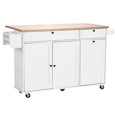 Îlot de cuisine avec rangement, chariot de cuisine mobile de 60 po de largeur avec roulettes, abattant, 2 tiroirs, armoire à poubelle, porte-couteaux, support à épices et porte-serviettes, table de salle à manger, garde-manger