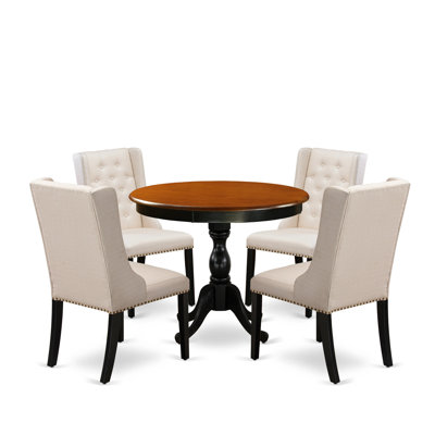 5-Piece Modern Dining Table Set Contains a Wood Dining Table and 4 Cream Linen Fabric Dining Room Chairs with Button Tufted Back - Black Finish