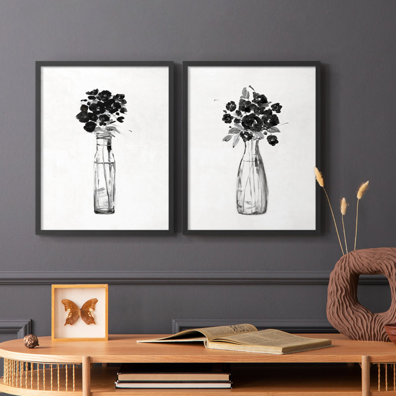 Imprimé floral noir et blanc I-Premium - prêt à accrocher - aucun clou requis - aucun clou requis, Noir, noir, noir, noir