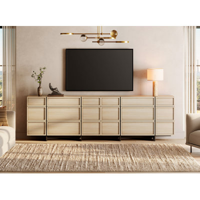 Maisonet Modern TV Stand For Tvs Up To 110 Inch, Entertainment Center TV Console Table With 18 Drawers And T-Shaped Wood Legs, Media Console For Living Room, Bedroom, Oak