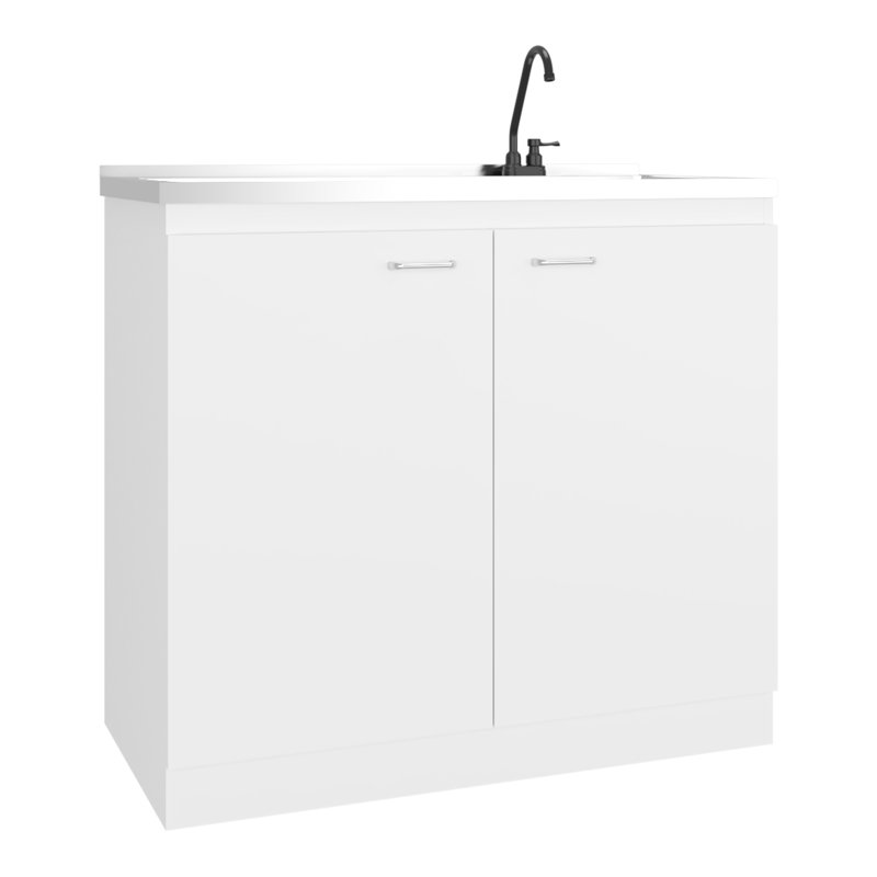 Évier utilitaire blanc moderne avec robinet et comptoir intégré en acier inoxydable, meuble indépendant pour garage, montage rapide, deux portes, rangement idéal pour la cuisine