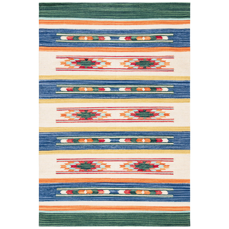 Continuum Flatweave Jute/Cotton Southwestern Rug in Beige/Blue/Green, Rectangle 4' x 6'