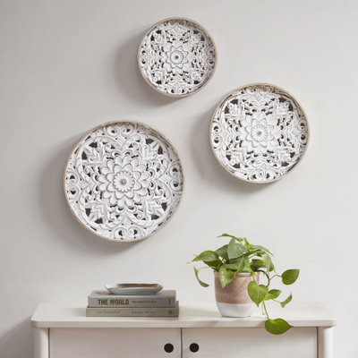 Distressed White Floral 3Piece Carved Wood Wall Decor Set