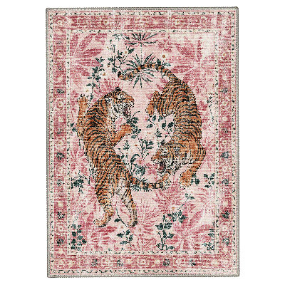 Gemini Oriental Tigers Washable Pink Area Rug with Non-Slip Backing