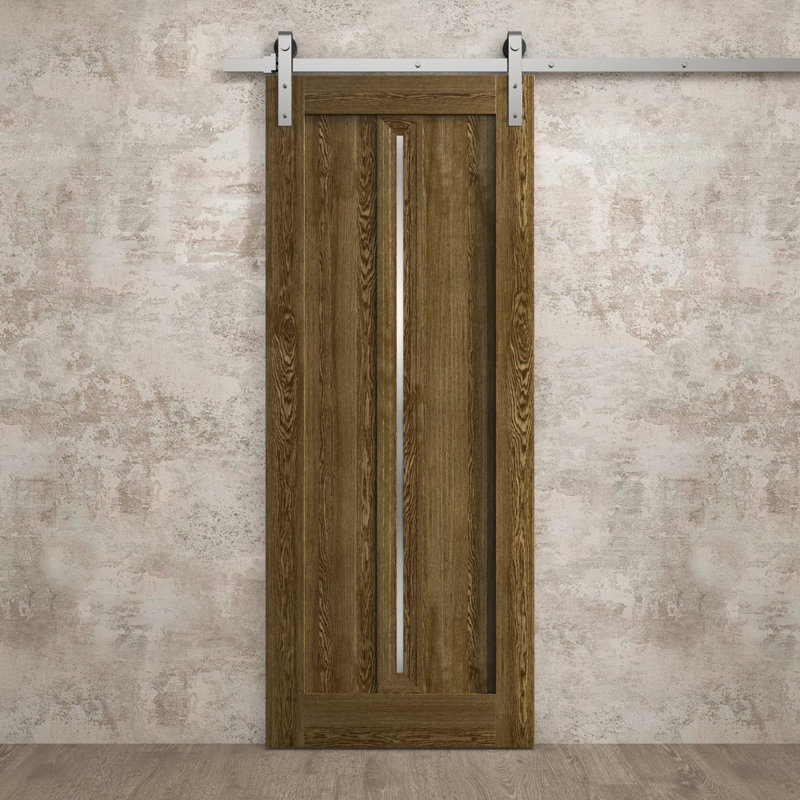 Porte de grange moderne 18 x 84 pouces Ego 5014 Chêne marbré, rail argenté de 6,6 pi, quincaillerie robuste, panneaux pleins, portes intérieures