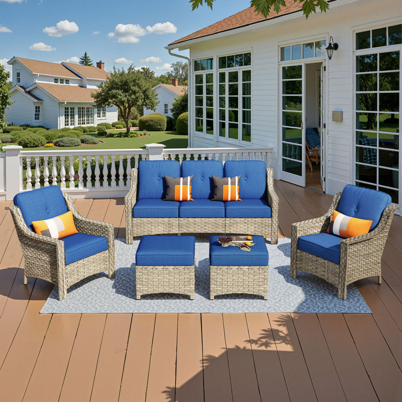 Emanuell 5 - Person Outdoor Conversation Set, Wicker Patio Sofa & Chair Set with Cushions, Black