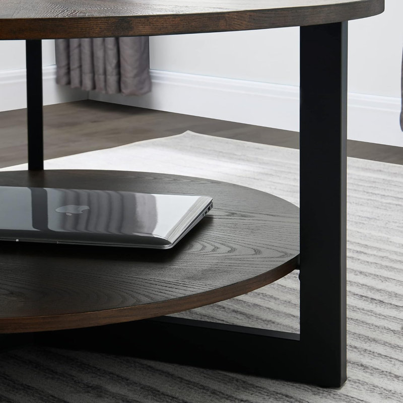 Table basse avec tablette de rangement, centre de ferme en bois massif avec pieds en métal noir