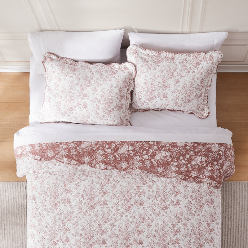Lush Decor Peony Toile Reversible Cotton Quilt Set, Queen Quilt + 2 Shams