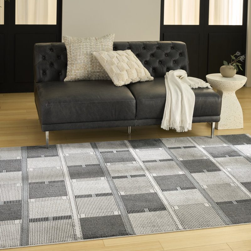 Alisah Geometric Machine Made Area Rug, Rectangle 244 x 305 cm, Grey Black