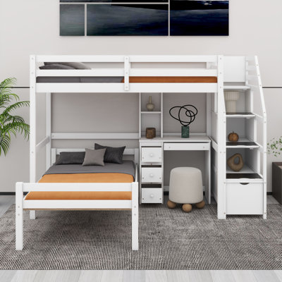Wood Loft Bed With A Stand-Alone Bed, Storage Staircase, Desk, Shelves And Drawers