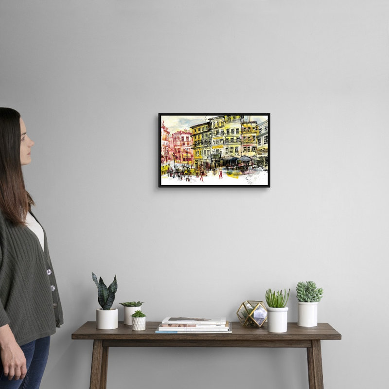 Reproduction d’art sur toile, "Square-Porto, Portugal" par Eleanor Doughty, H 14 po x l 20 po x P 1,75 po, Cadre noir