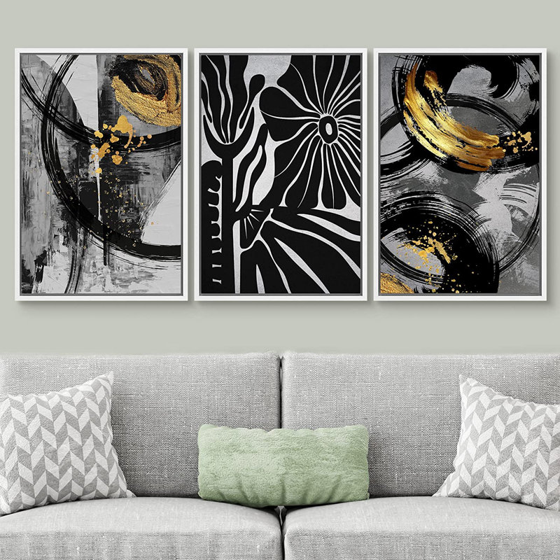 «Tropical Flower Mid-Century Collage Abstract Shapes Illustration», ensemble de 3 impressions sur toile, Blanc
