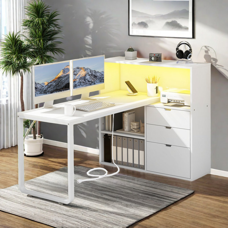 Broly 55'' L Shaped Desk With Power Outlets & LED Light, Black