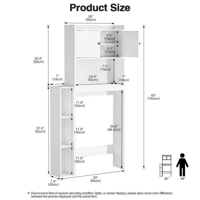 Rangement de salle de bain autoportant au-dessus de la toilette H 63 po avec armoires supérieures et tablette ouverte Velia
