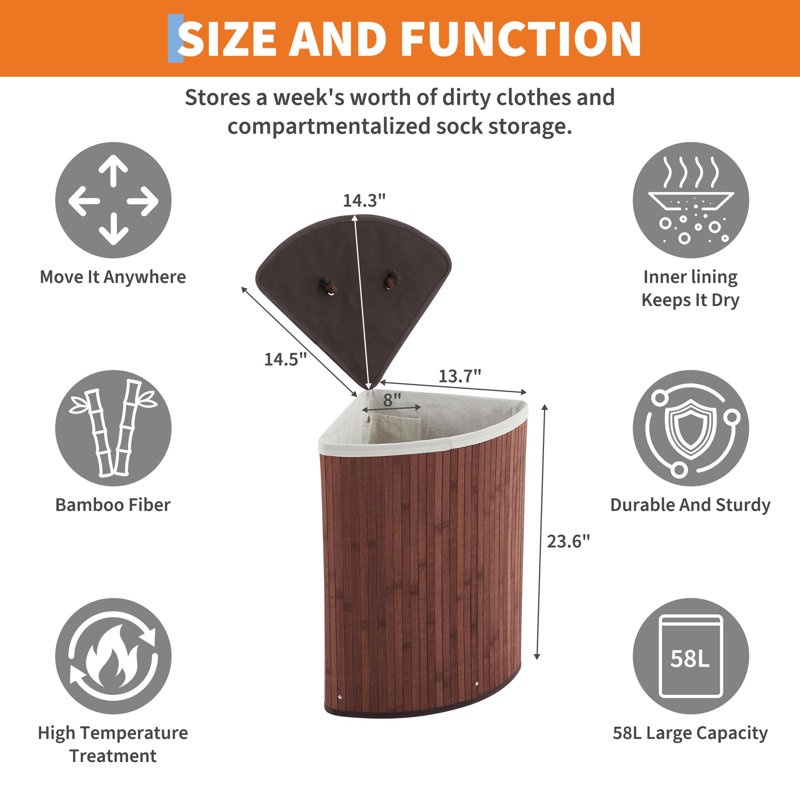Laundry Hamper, Solid Wood, Brown, 63cm H x 52cm W