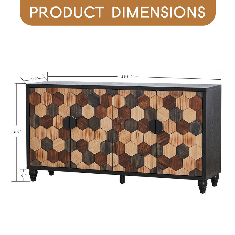 Armoire de rangement en nid d'abeille avec finition patinée, buffet moderne avec portes en bois massif