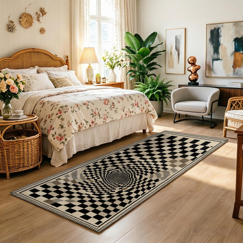 Tapis de couloir de cuisine moderne noir et blanc à motif géométrique antidérapant à motif d'illusion optique 3D pour la cuisine, le couloir et la salle de lavage