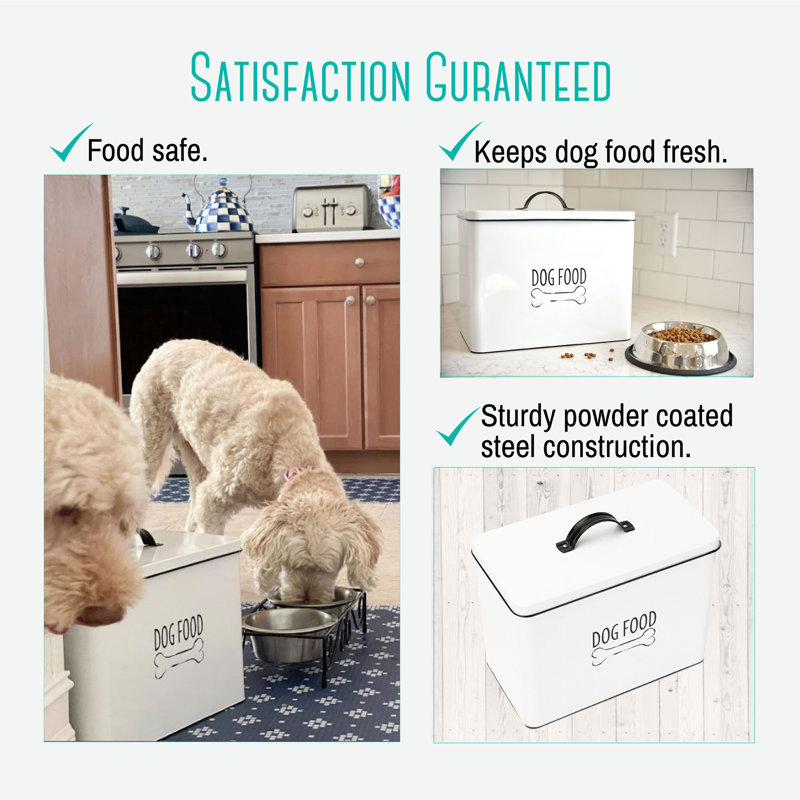 White Metal Farmhouse Dog Food Storage Bin with Airtight Lid