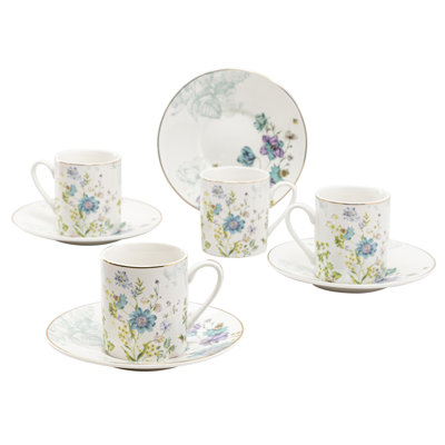 Ensemble de 4 tasses à espresso et soucoupes florales sauvages bleues Grace