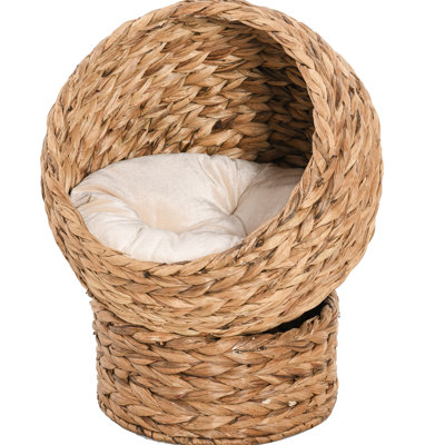 Elevated Cat Bed With Soft Cushion And Basket-weave Design, For Indoor Kitties, 23.5" H, Brown Handwoven Raised Comfy Cuddly Cushion, Cats,