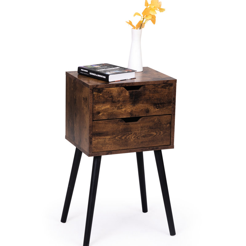 Table d'appoint de salon avec 2 tiroirs rustiques - Pieds en bois massif, Brun / Noir