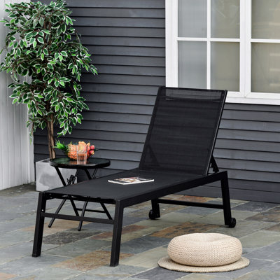 Patio Outdoor Lounge Chair, 5-Position Reclining Backrest 2 Wheels For Poolside Beach Black