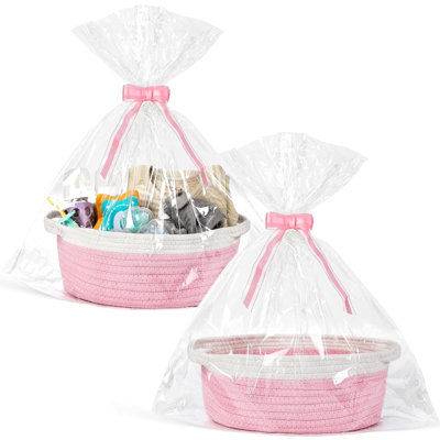 2 Pack Small Woven Basket With Gift Bags And Ribbons, Empty Decorative Gift Chest Box, Cute Baby Gift Basket For Nursery, Cotton Rope Room Shelf Storage Basket With Handles, All 12"X 8"X 5", Pink