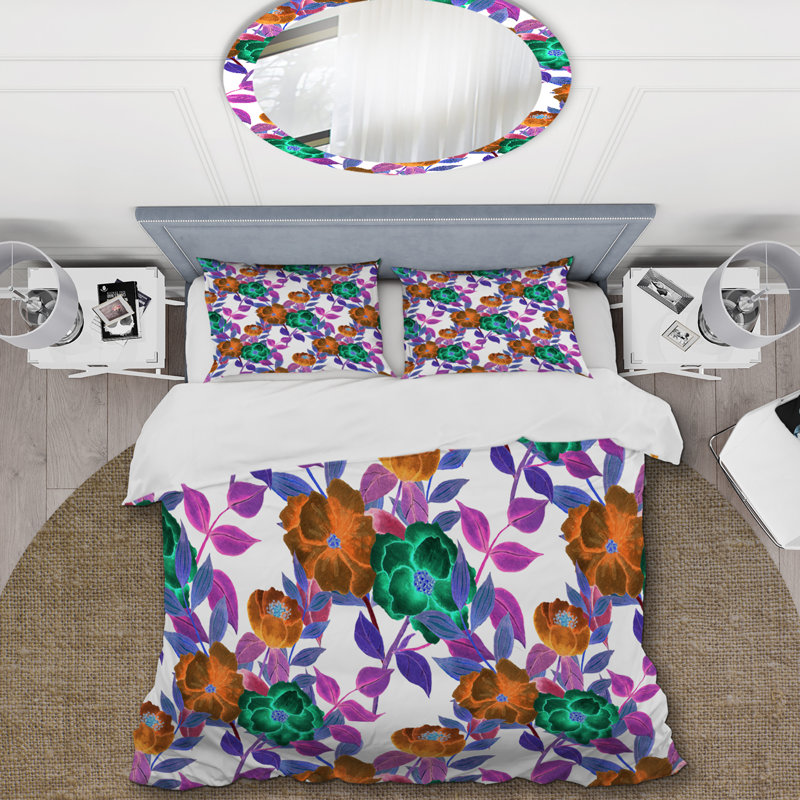 Ensemble de housse de couette Green Flower And Purple Leaf - Cabin & Lodge, Housse de couette pour très grand lit et 2 très